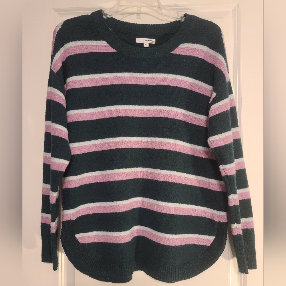 Women's Sz M Sonoma Striped Sweater in Pink/Dark Green/White, GC